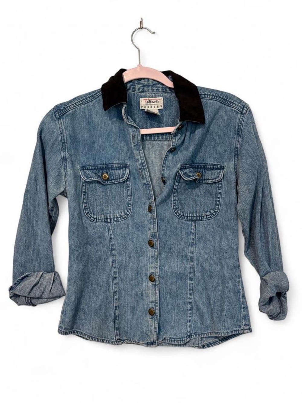 Vintage‎ 90s Talbots blue denim button-up shirt with black velvet collar
